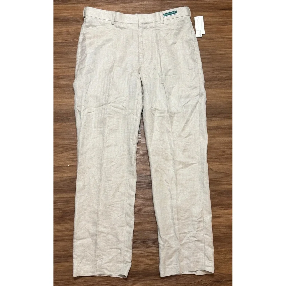 Cubavera Men's Linen Blend Flat Front Herringbone Pants Beige Sz 36x32 NWT